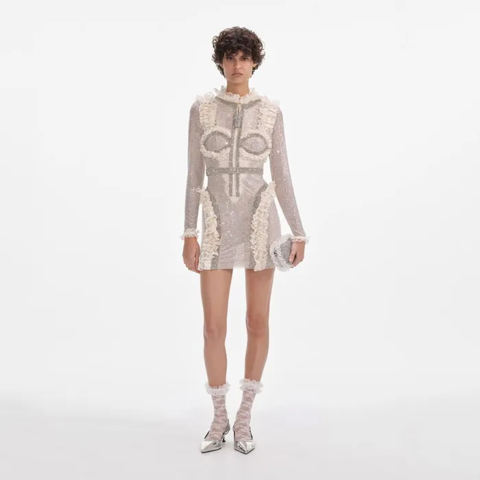 Self Portrait Dresses Women Cream Rhinestone Mesh Ruffle Mini Dress Cream