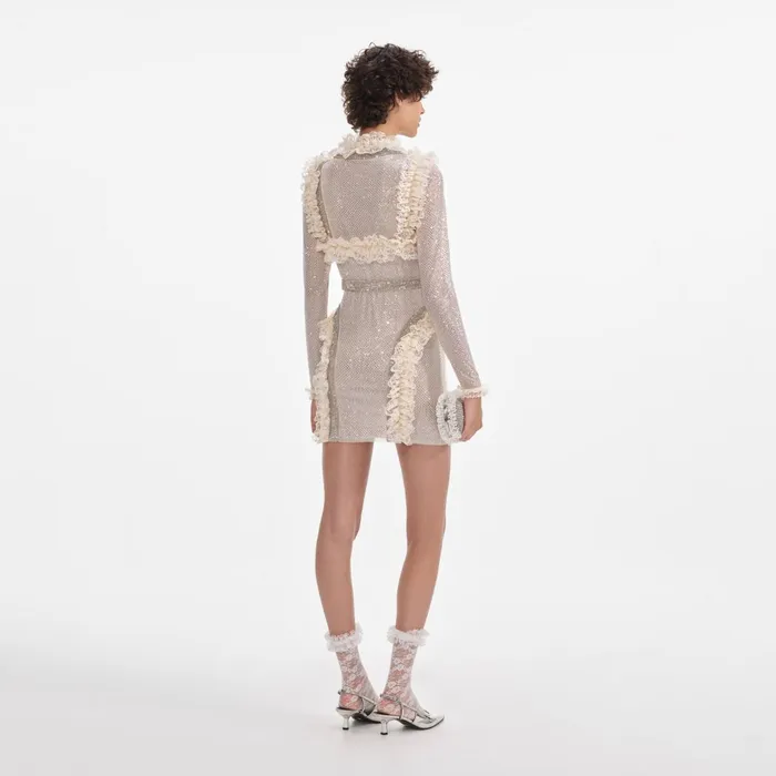 Self Portrait Dresses Women Cream Rhinestone Mesh Ruffle Mini Dress Cream