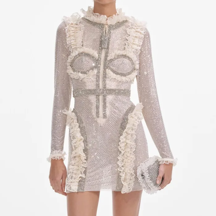 Self Portrait Dresses Women Cream Rhinestone Mesh Ruffle Mini Dress Cream