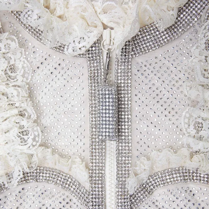 Self Portrait Dresses Women Cream Rhinestone Mesh Ruffle Mini Dress Cream