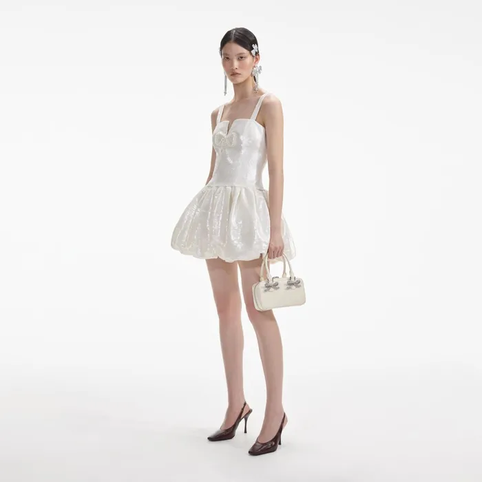 Self Portrait Dresses Women Cream Sequin Bow Mini Dress