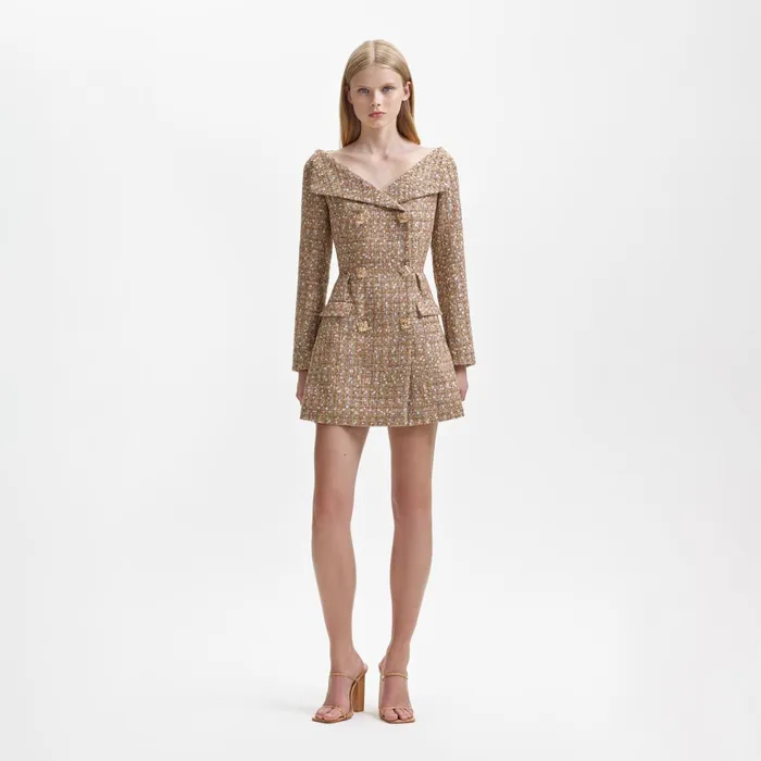 Self Portrait Dresses Women Gold Tinsel Boucle Off Shoulder Mini Dress