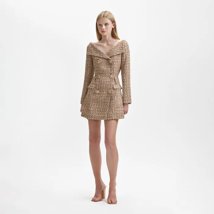 Self Portrait Dresses Women Gold Tinsel Boucle Off Shoulder Mini Dress Self Portrait Dresses Women Gold Tinsel Boucle Off Shoulder Mini Dress