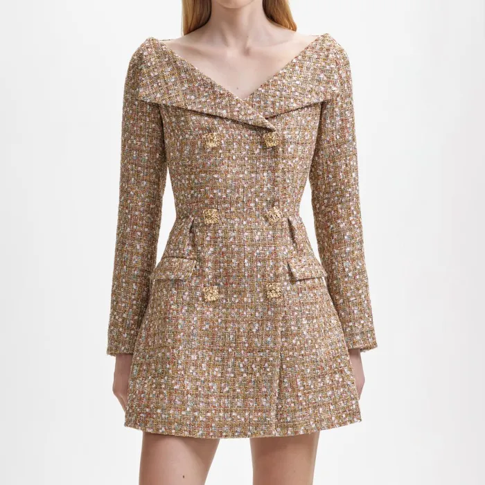 Self Portrait Dresses Women Gold Tinsel Boucle Off Shoulder Mini Dress Self Portrait Dresses Women Gold Tinsel Boucle Off Shoulder Mini Dress