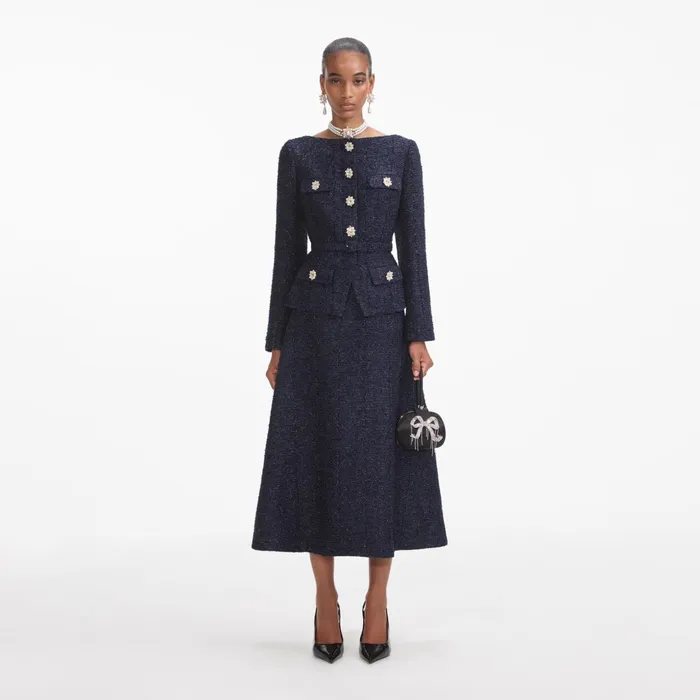 Self Portrait Dresses Women Navy Metallic Boucle Midi Dress