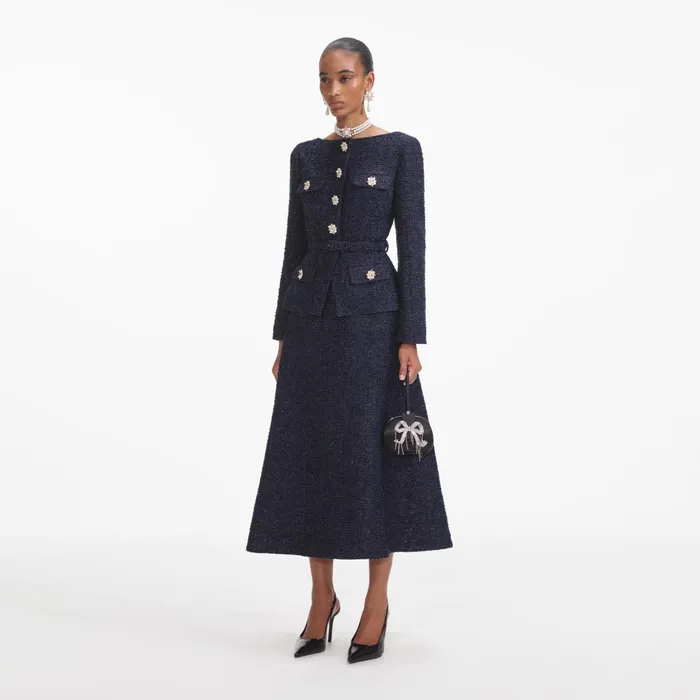 Self Portrait Dresses Women Navy Metallic Boucle Midi Dress