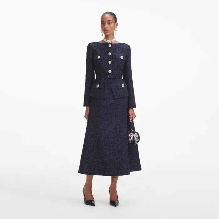 Self Portrait Dresses Women Navy Metallic Boucle Midi Dress