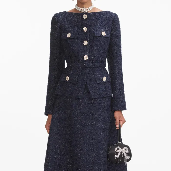 Self Portrait Dresses Women Navy Metallic Boucle Midi Dress