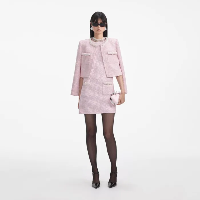 Self Portrait Dresses Women Pink Boucle Pearl Trim Mini Dress