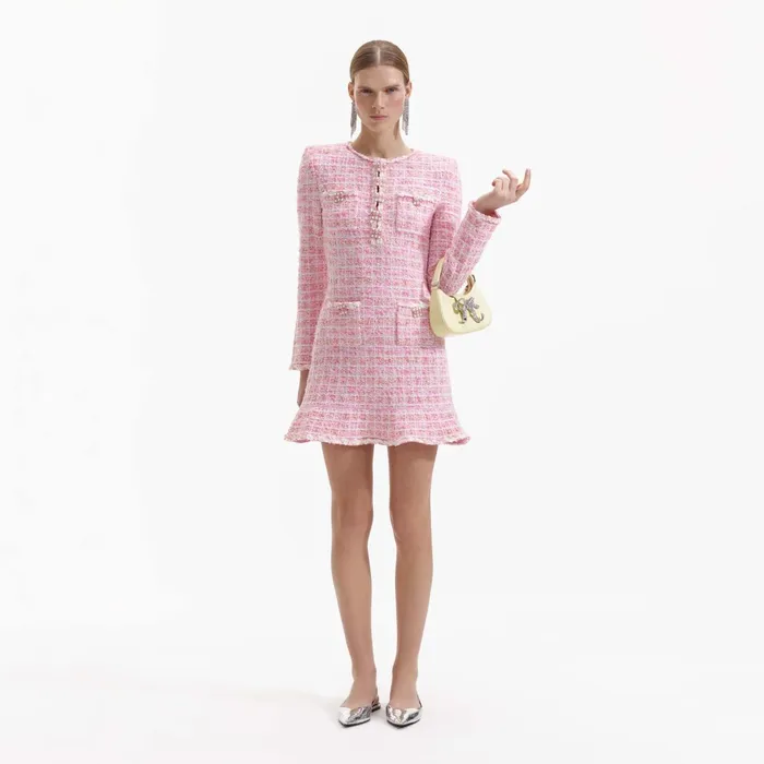Self Portrait Dresses Women Pink Check Knit Mini Dress