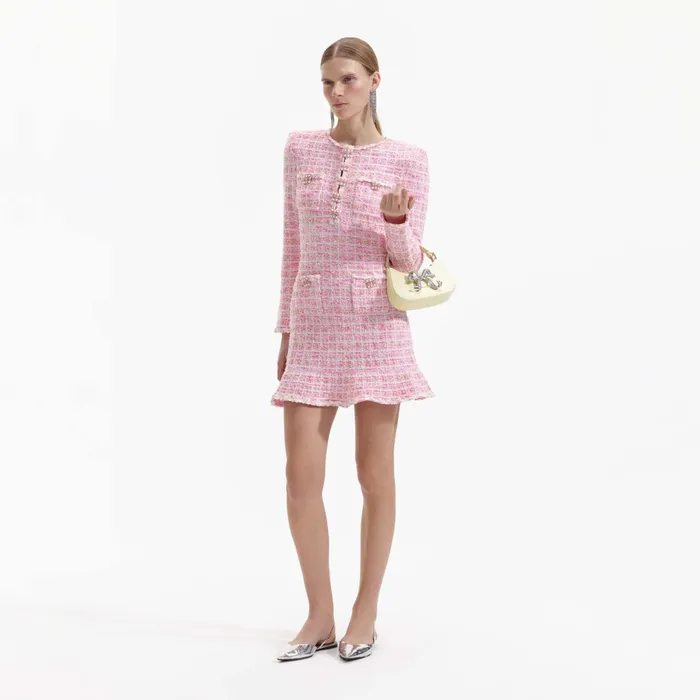 Self Portrait Dresses Women Pink Check Knit Mini Dress