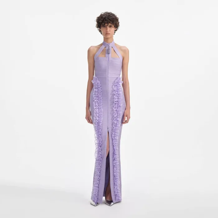 Self Portrait Dresses Women Purple Knit Zip Ruffle Maxi Dress Purple
