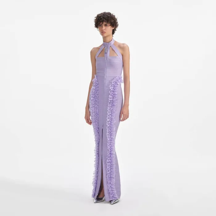 Self Portrait Dresses Women Purple Knit Zip Ruffle Maxi Dress Purple