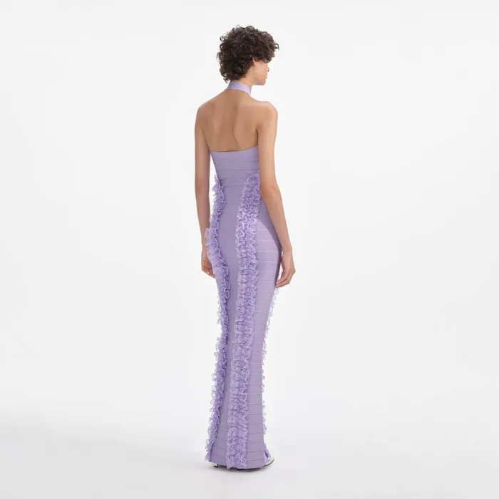 Self Portrait Dresses Women Purple Knit Zip Ruffle Maxi Dress Purple