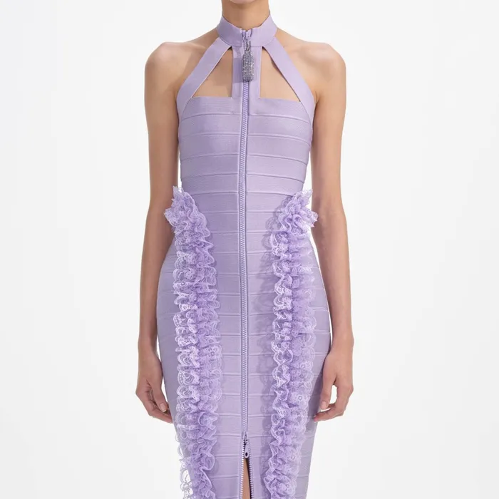 Self Portrait Dresses Women Purple Knit Zip Ruffle Maxi Dress Purple