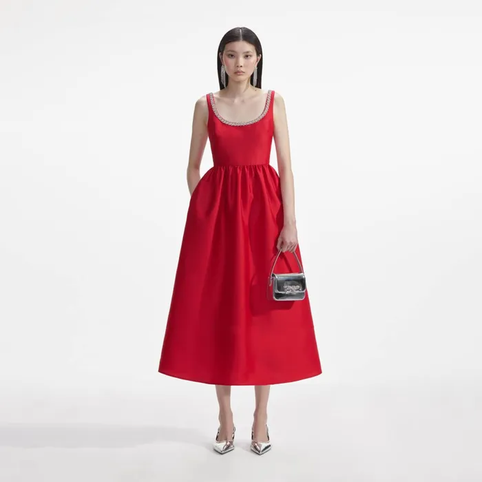 Self Portrait Dresses Women Red Taffeta Diamante Midi Dress Red