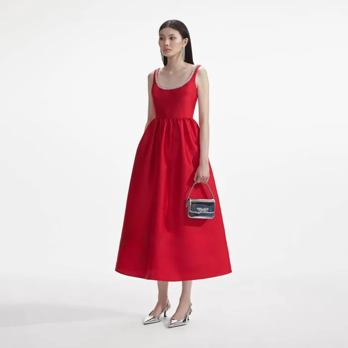 Self Portrait Dresses Women Red Taffeta Diamante Midi Dress Red
