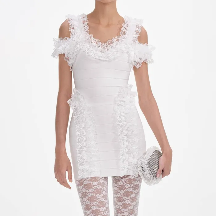 Self Portrait Dresses Women White Knit Ruffle Mini Dress