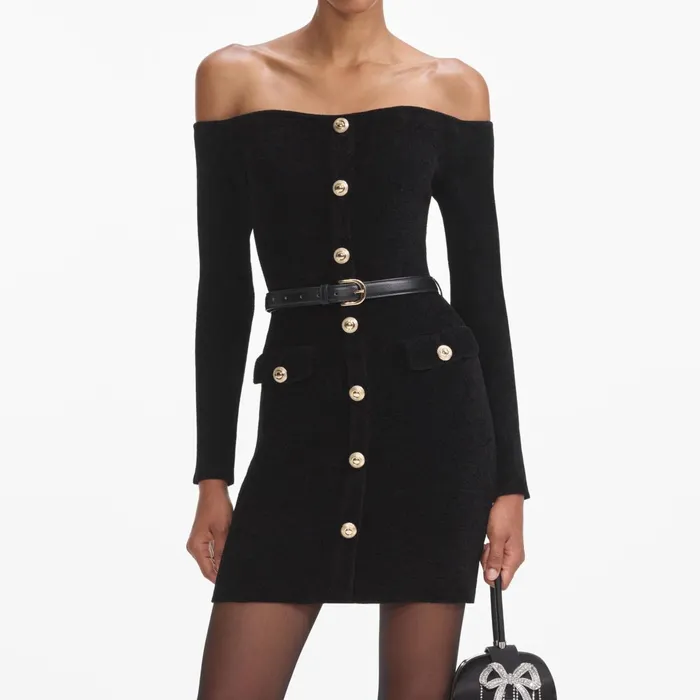 Self Portrait Knitwear Women Black Chenille Knit Mini Dress