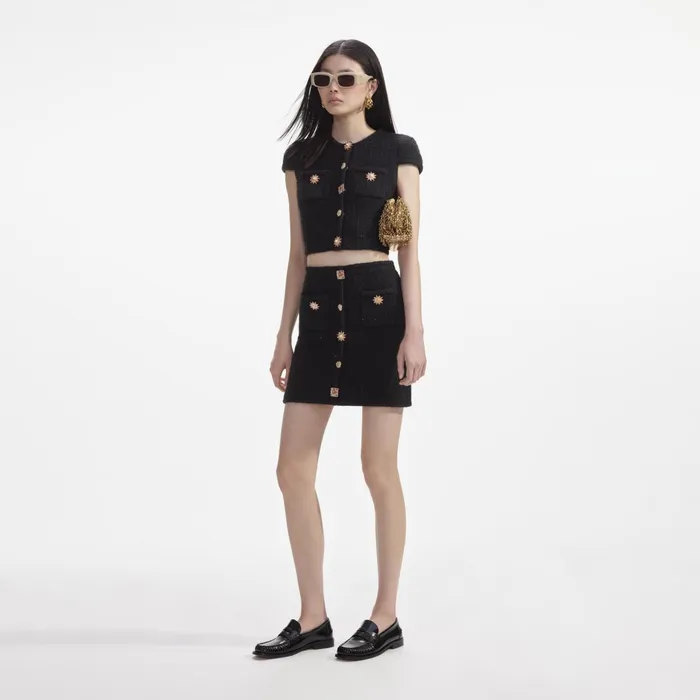 Self Portrait Knitwear Women Black Jewel Button Knit Mini Skirt
