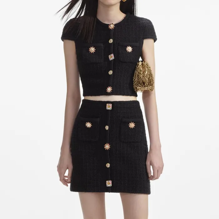 Self Portrait Knitwear Women Black Jewel Button Knit Mini Skirt