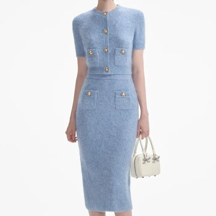 Self Portrait Knitwear Women Blue Soft Knit Midi Skirt