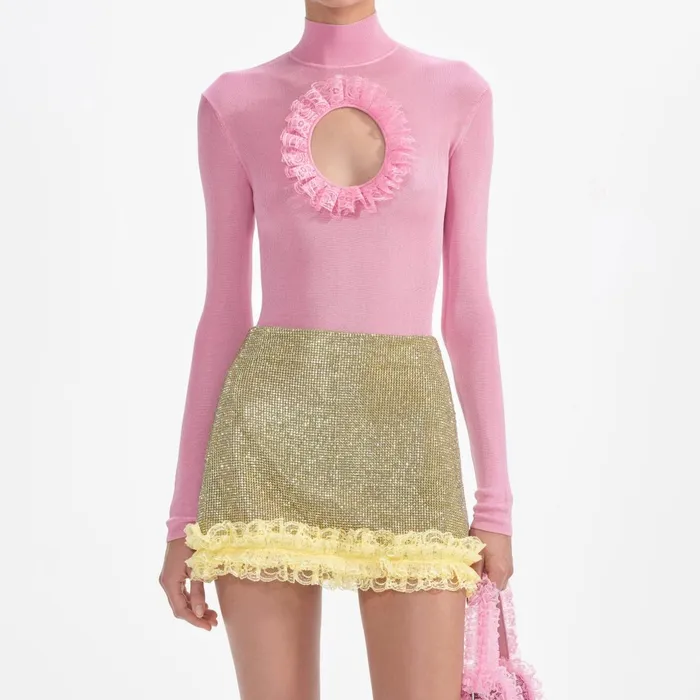 Self Portrait Knitwear Women Pink Knit Cut Out Bodysuit Pink