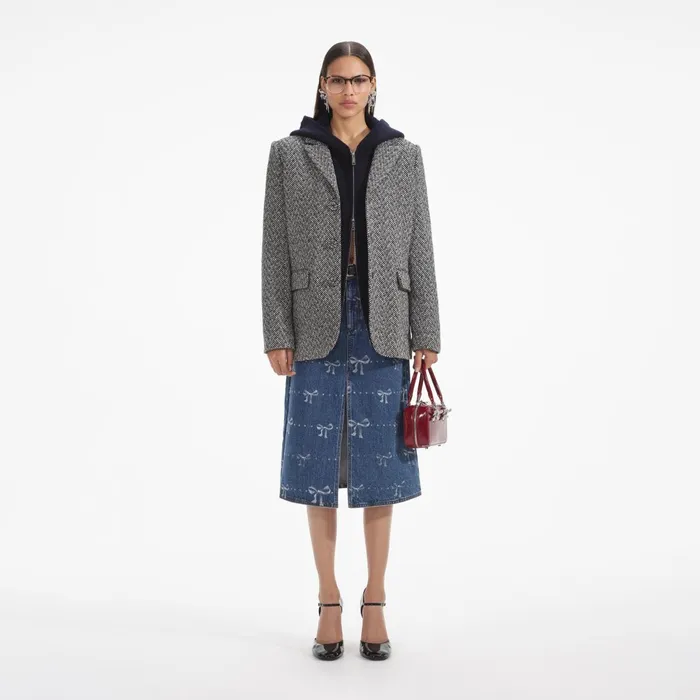 Self Portrait Outerwear Women Black Herringbone Blazer