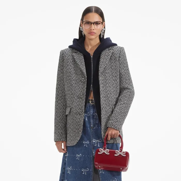 Self Portrait Outerwear Women Black Herringbone Blazer