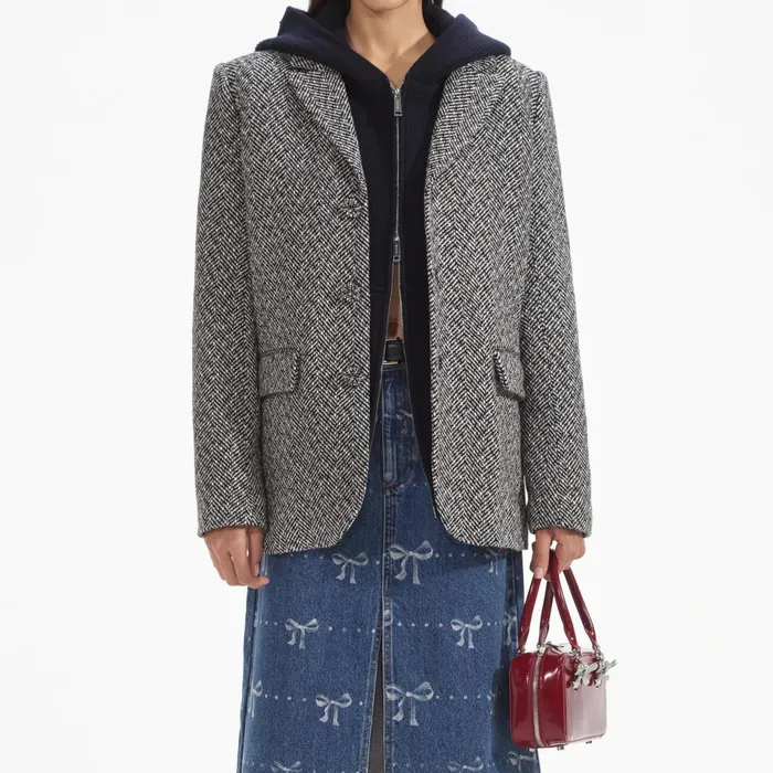 Self Portrait Outerwear Women Black Herringbone Blazer