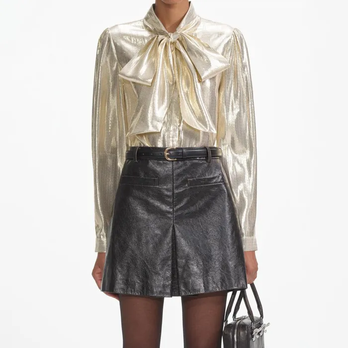 Self Portrait Tops Women Gold Metallic Pussy Bow Blouse