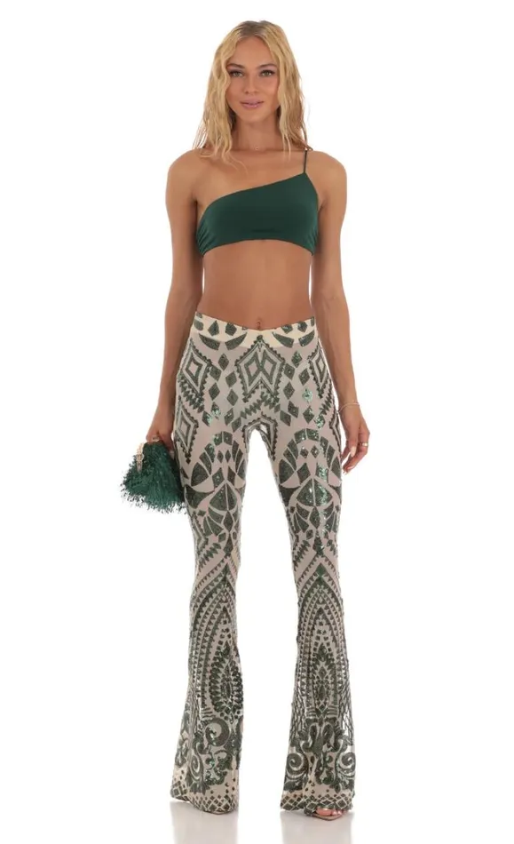 Sequin One Shoulder Two Piece Set Green Women LUCY IN THE SKY Pants