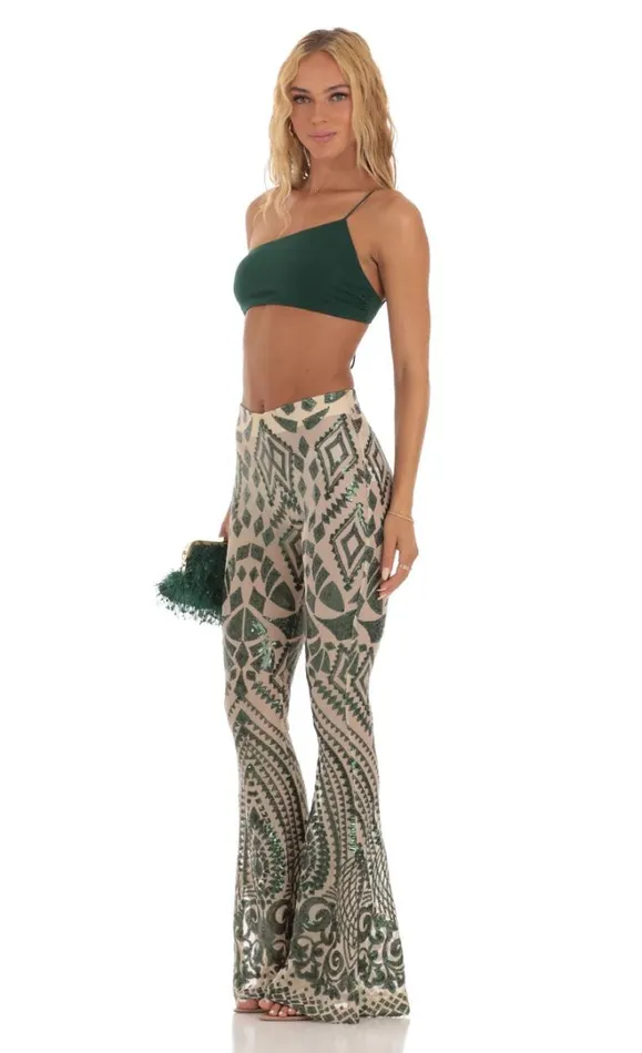Sequin One Shoulder Two Piece Set Green Women LUCY IN THE SKY Pants Sequin One Shoulder Two Piece Set Green Women LUCY IN THE SKY Pants