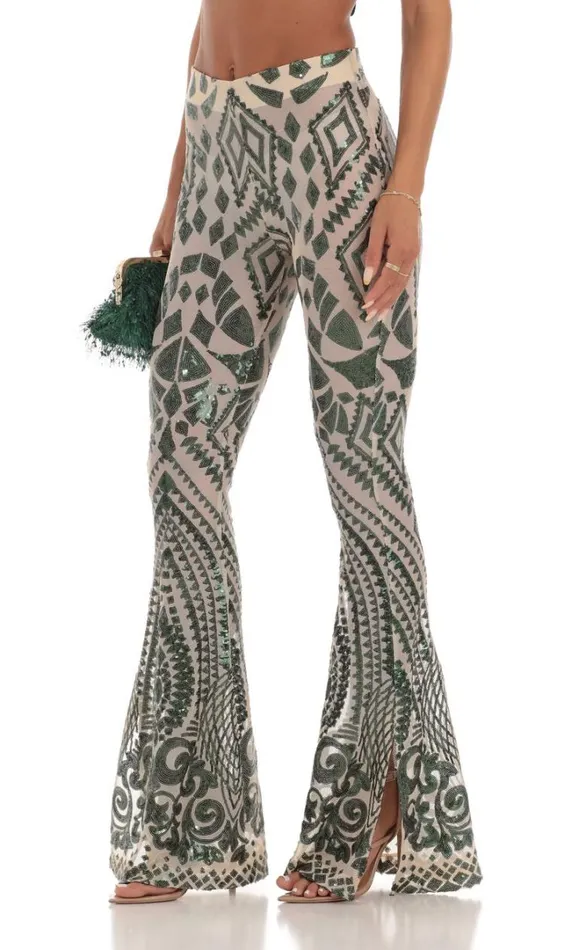 Sequin One Shoulder Two Piece Set Green Women LUCY IN THE SKY Pants Sequin One Shoulder Two Piece Set Green Women LUCY IN THE SKY Pants