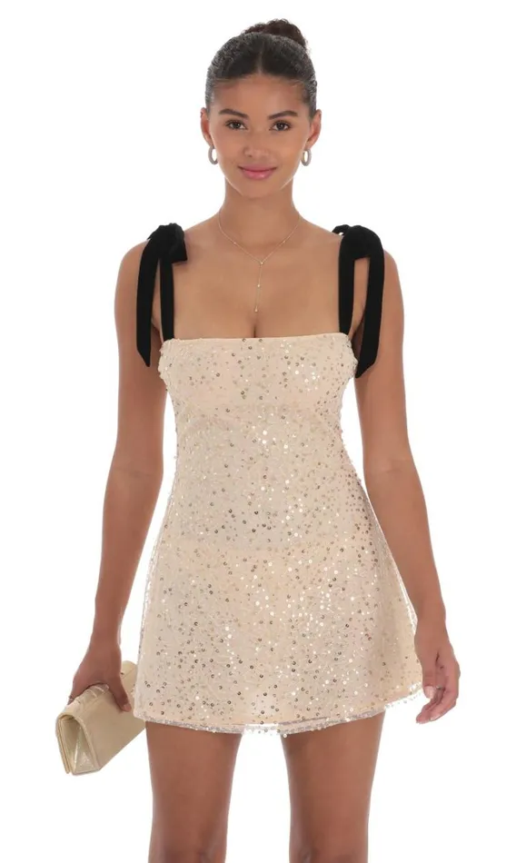 Sequin Velvet Strap Dress Beige Women LUCY IN THE SKY Mini Dresses