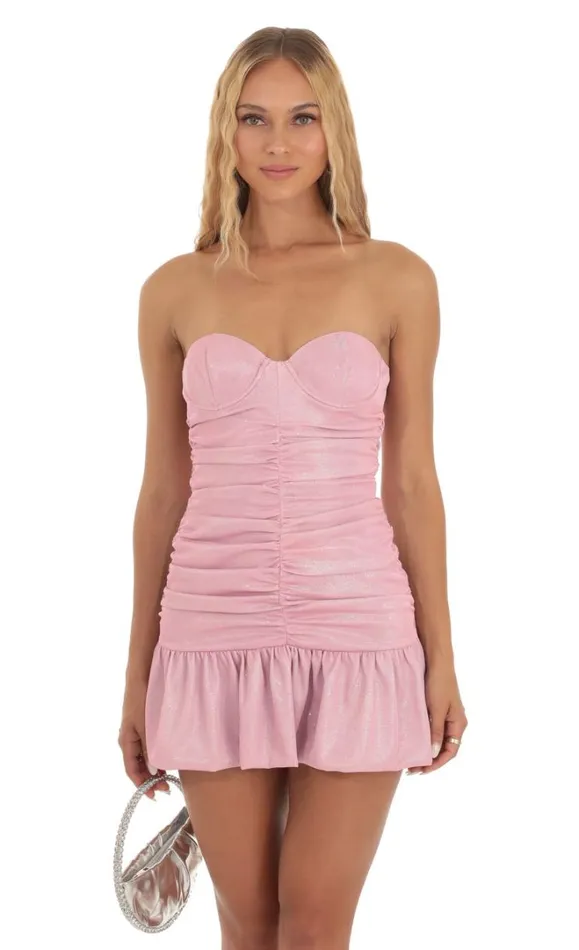 Shimmer Strapless Ruched Dress Pink Women LUCY IN THE SKY Mini Dresses
