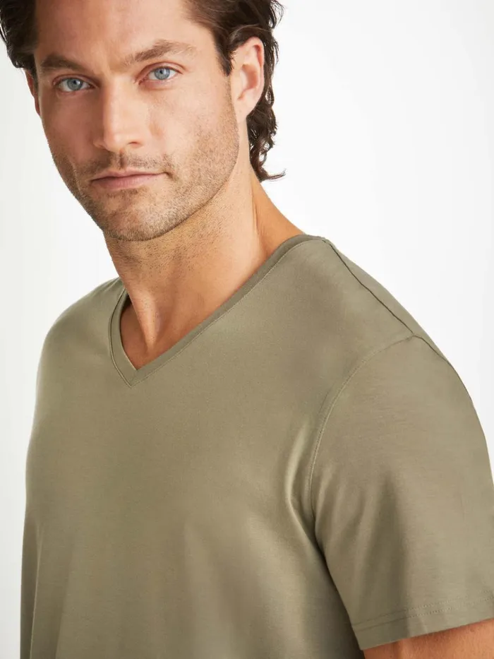 Short Sleeve TShirts Men Derek Rose VNeck TShirt Basel Micro Modal Stretch Khaki
