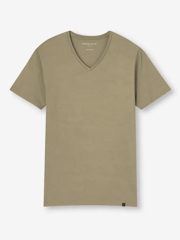 Short Sleeve TShirts Men Derek Rose VNeck TShirt Basel Micro Modal Stretch Khaki