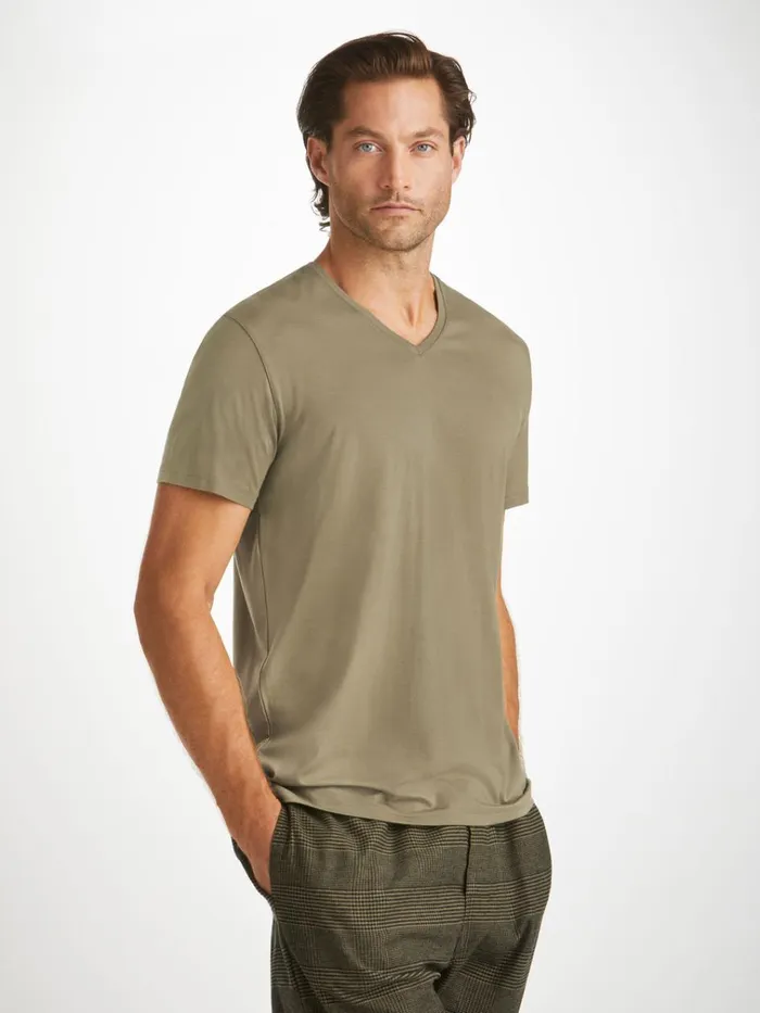 Short Sleeve TShirts Men Derek Rose VNeck TShirt Basel Micro Modal Stretch Khaki