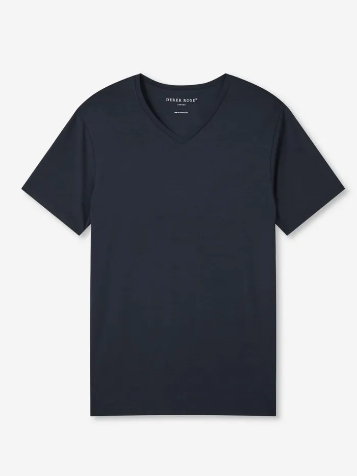 Short Sleeve TShirts Men Derek Rose VNeck TShirt Basel Micro Modal Stretch Navy