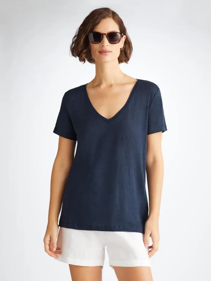 Short Sleeve TShirts Women Derek Rose VNeck TShirt Jordan Linen Navy
