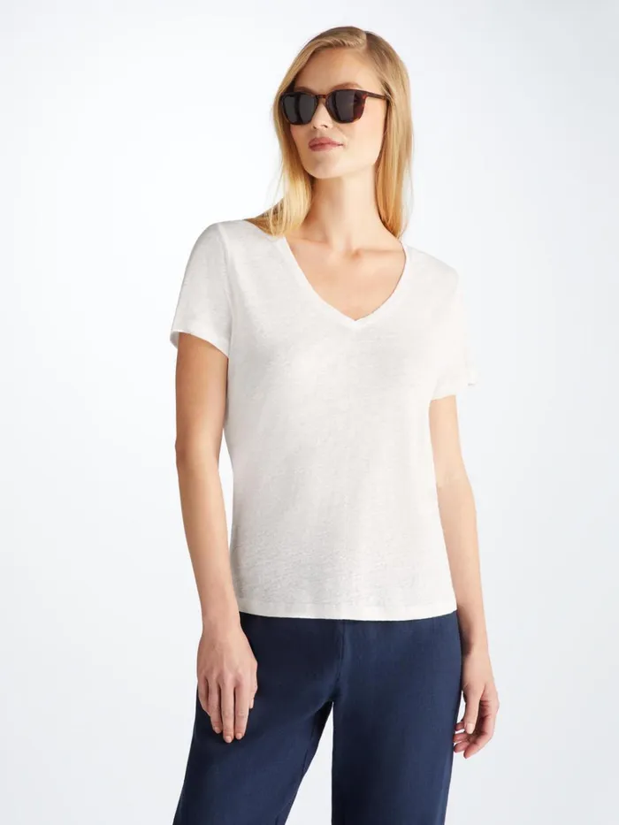 Short Sleeve TShirts Women Derek Rose VNeck TShirt Jordan Linen White