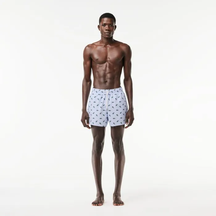Shorts and Swim Men Lacoste Men039s Crocodile Print Swim Trunks Light Blue White T69