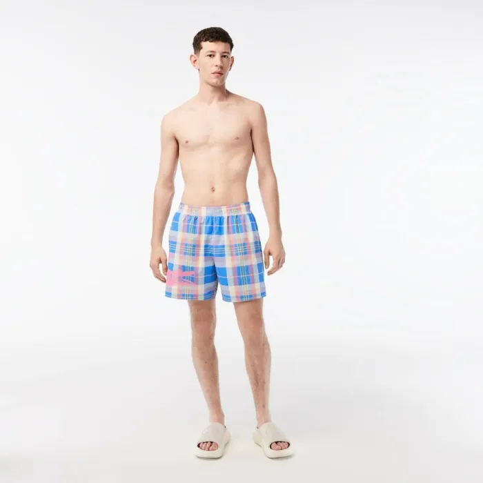 Shorts and Swim Men Lacoste Mens QuickDry Checked Swim Trunks Blue White Cgd