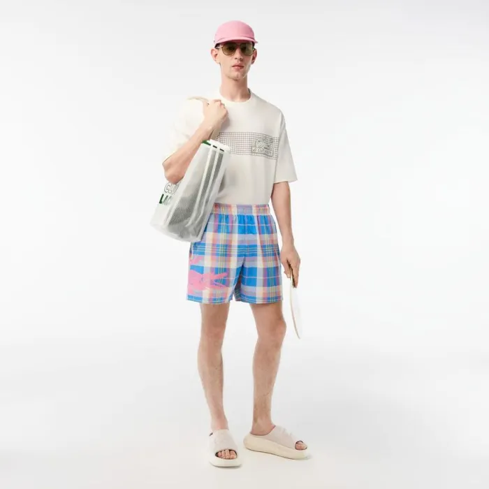 Shorts and Swim Men Lacoste Mens QuickDry Checked Swim Trunks Blue White Cgd