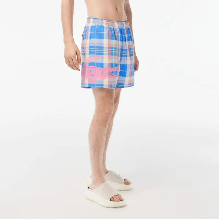 Shorts and Swim Men Lacoste Mens QuickDry Checked Swim Trunks Blue White Cgd