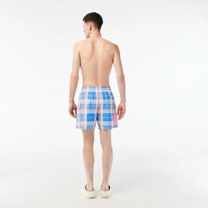 Shorts and Swim Men Lacoste Mens QuickDry Checked Swim Trunks Blue White Cgd