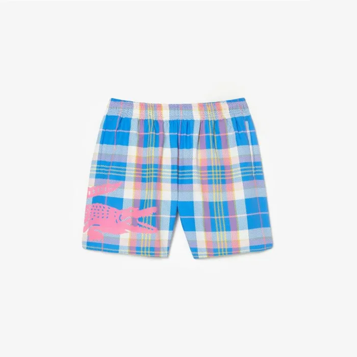 Shorts and Swim Men Lacoste Mens QuickDry Checked Swim Trunks Blue White Cgd