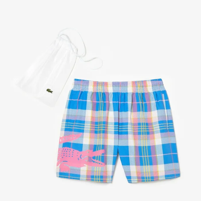 Shorts and Swim Men Lacoste Mens QuickDry Checked Swim Trunks Blue White Cgd