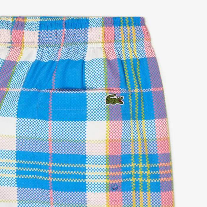 Shorts and Swim Men Lacoste Mens QuickDry Checked Swim Trunks Blue White Cgd